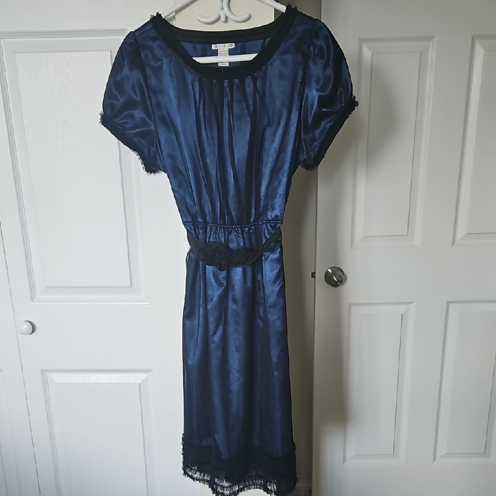Mikarose Blue Pleated Sheath Dress Puff Sleeve Midi
